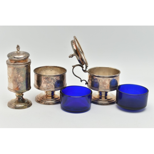 115 - THREE SILVER CONDIMENT PIECES, matching set to include a pepperette, mustard and salt both with blue... 