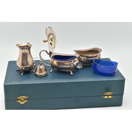 116 - A CASED MAPPIN & WEBB SILVER CONDIMENT SET, including two rounded salts with replacement blue plasti... 