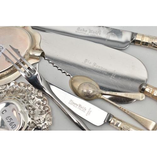 117 - A SELECTION OF SILVERWARE, to include a late Victorian decorative embossed silver pin dish with hear... 