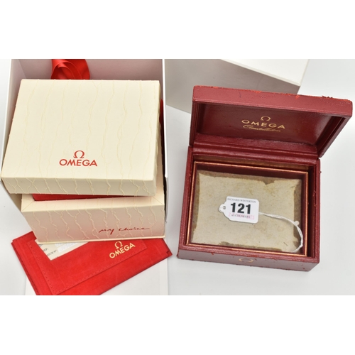 121 - TWO 'OMEGA' WATCH BOXES, the first a ladies cream textured box with red ribbon, signed 'My Choice', ... 