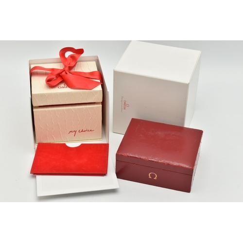 121 - TWO 'OMEGA' WATCH BOXES, the first a ladies cream textured box with red ribbon, signed 'My Choice', ... 