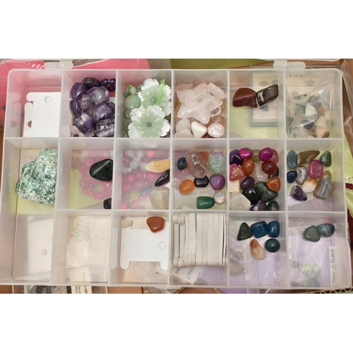 123 - A BOX OF ASSORTED SEMI PRECIOUS GEMSTONE JEWELLERY, to include some packaged hand made necklaces, ea... 