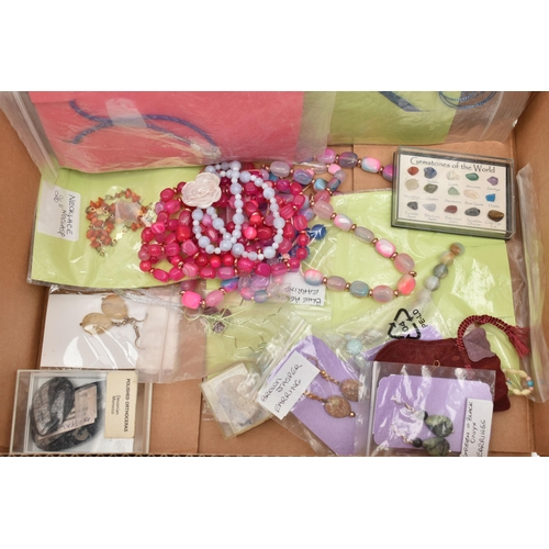 123 - A BOX OF ASSORTED SEMI PRECIOUS GEMSTONE JEWELLERY, to include some packaged hand made necklaces, ea... 