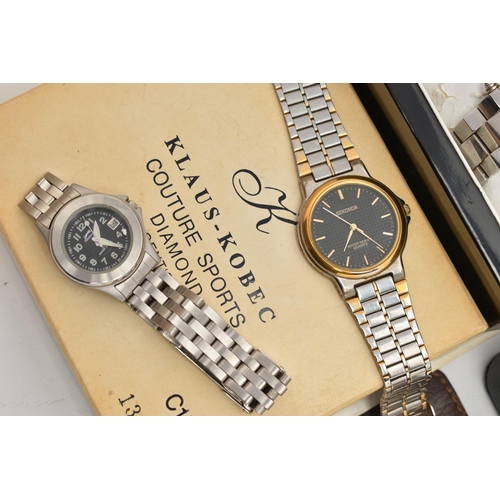 124 - A SELECTION OF WRISTWATCHES, to include a gents boxed 'Klaus-Kobec Diamond Couture' watch, with a ro... 