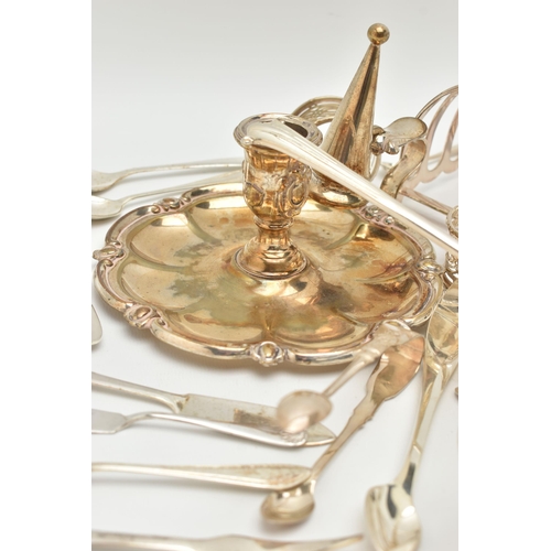 126 - A SELECTION OF SILVER PLATED WARE, to include a triangular toast rack, a pair of napkin rings, a cha... 