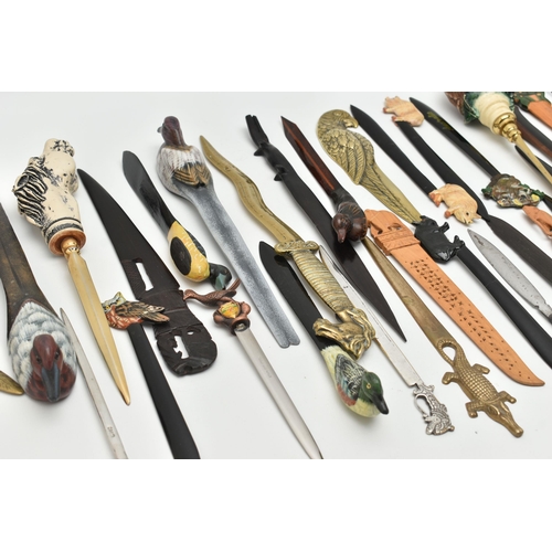 127 - THIRTY FIVE NOVELTY ANIMAL / BIRD THEMED LETTER OPENERS, including brass, treen resin, etc (1 box) (... 