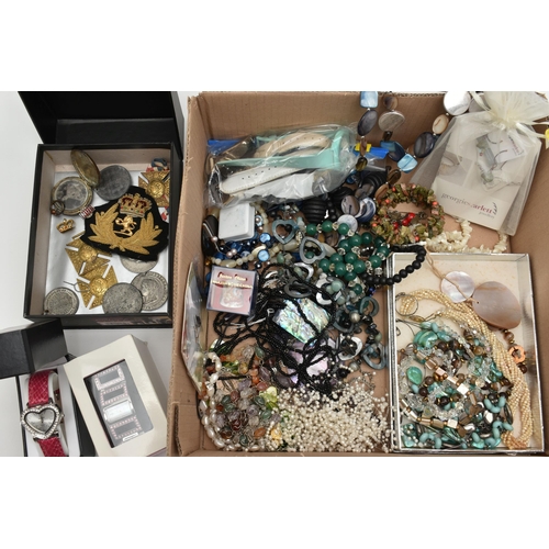 131 - A BOX OF ASSORTED SEMI PRECIOUS JEWELLERY AND WATCHES, to include shell necklaces, mother of pearl b... 