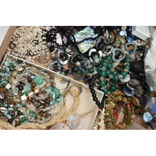 131 - A BOX OF ASSORTED SEMI PRECIOUS JEWELLERY AND WATCHES, to include shell necklaces, mother of pearl b... 