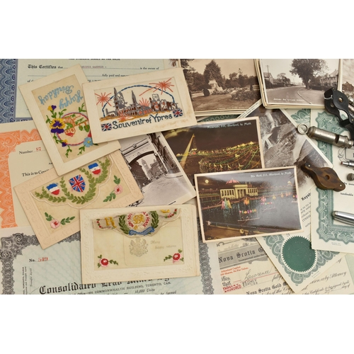 135 - A BOX OF PENS, POSTCARDS, SHARE CERTIFICATES, ETC, including five early 20th century embroidered pos... 