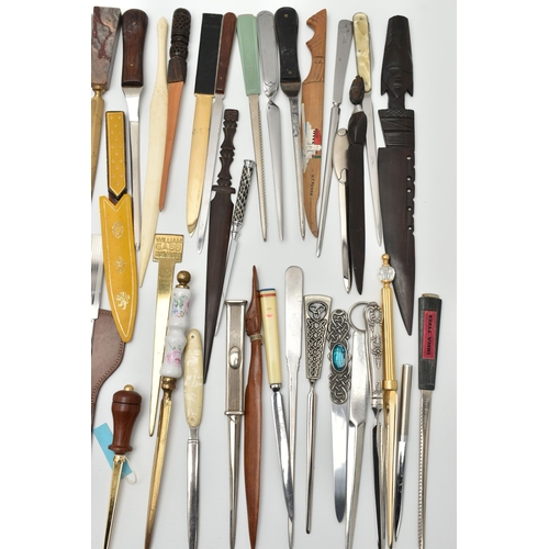 136 - APPROXIMATELY EIGHTY ASSORTED LETTER OPENERS IN TREEN, PLASTIC AND ASSORTED BASE METALS, includes a ... 