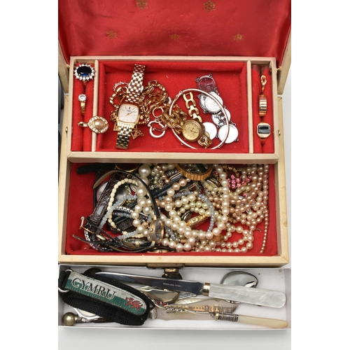 137 - A BOX OF ASSORTED JEWELLERY AND OTHER ITEMS, to include a hinged jewellery box encasing a selection ... 