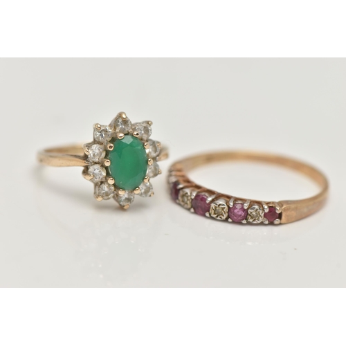 75 - TWO 9CT GOLD GEM SET RINGS, the first a cluster ring centring on an oval cut chalcedony within a sur... 