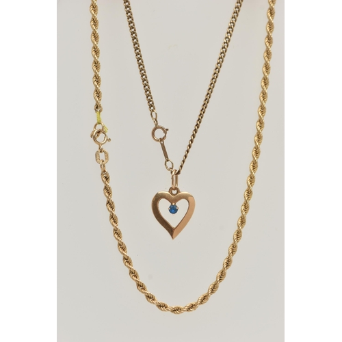 76 - TWO 9CT GOLD CHAIN NECKLACES AND A PENDANT, the first a rope twist chain fitted with a spring clasp,... 