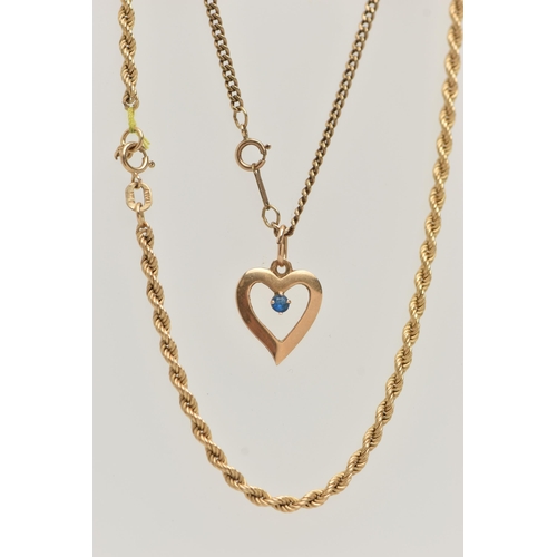 76 - TWO 9CT GOLD CHAIN NECKLACES AND A PENDANT, the first a rope twist chain fitted with a spring clasp,... 