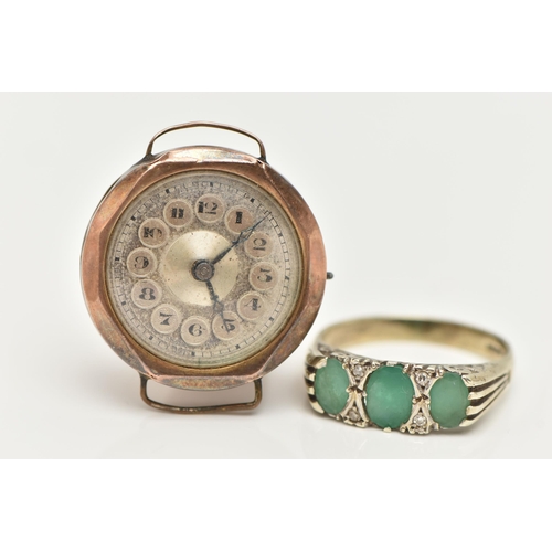 77 - A 9CT WHITE GOLD GEM SET RING AND A WATCH HEAD, the ring designed as a row of three oval cut emerald... 