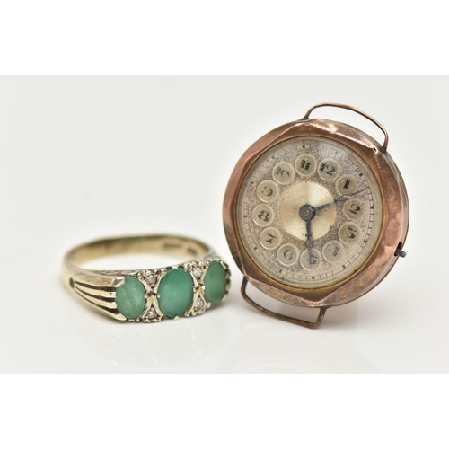 77 - A 9CT WHITE GOLD GEM SET RING AND A WATCH HEAD, the ring designed as a row of three oval cut emerald... 