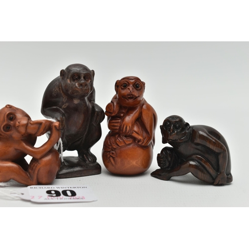 90 - FIVE 20TH CENTURY CARVED TREEN NETSUKE AND AN OKIMONO, all in the form of monkeys with inset eyes, t... 