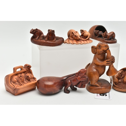 96 - SIX 20TH CENTURY CARVED TREEN NETSUKE AND TWO OKIMONO CARVED WITH RATS, two carved with the addition... 