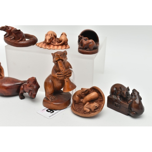 96 - SIX 20TH CENTURY CARVED TREEN NETSUKE AND TWO OKIMONO CARVED WITH RATS, two carved with the addition... 