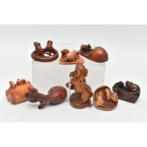 96 - SIX 20TH CENTURY CARVED TREEN NETSUKE AND TWO OKIMONO CARVED WITH RATS, two carved with the addition... 