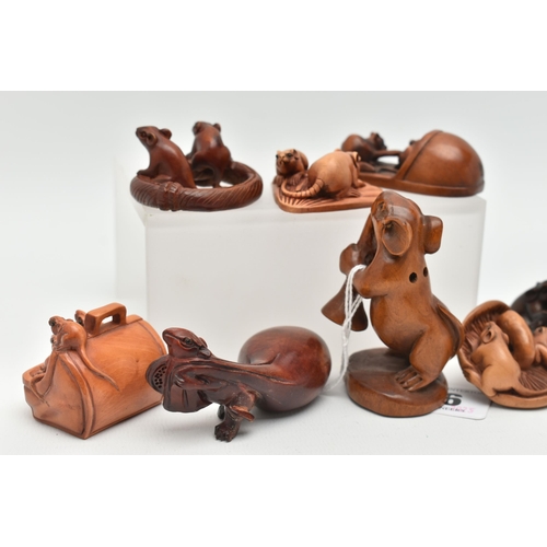 96 - SIX 20TH CENTURY CARVED TREEN NETSUKE AND TWO OKIMONO CARVED WITH RATS, two carved with the addition... 