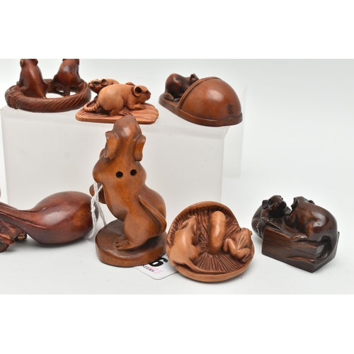 96 - SIX 20TH CENTURY CARVED TREEN NETSUKE AND TWO OKIMONO CARVED WITH RATS, two carved with the addition... 