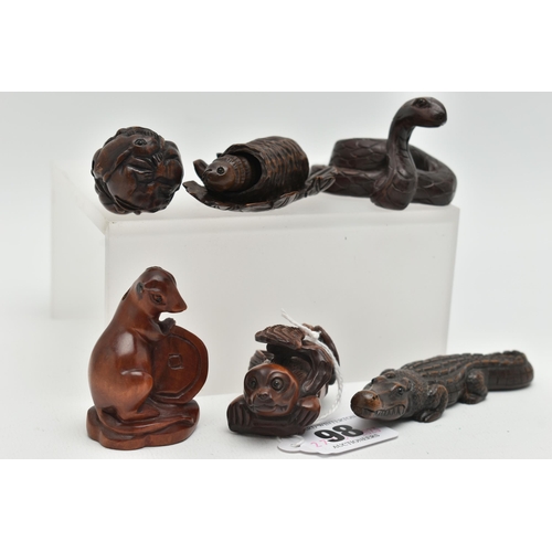 98 - FOUR 20TH CENTURY CARVED TREEN NETSUKE AND TWO OKIMONO, carved as a variety of animals / reptiles in... 