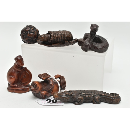 98 - FOUR 20TH CENTURY CARVED TREEN NETSUKE AND TWO OKIMONO, carved as a variety of animals / reptiles in... 