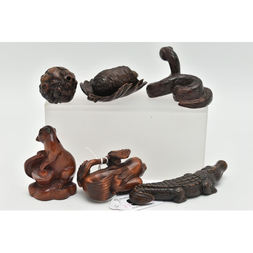 98 - FOUR 20TH CENTURY CARVED TREEN NETSUKE AND TWO OKIMONO, carved as a variety of animals / reptiles in... 