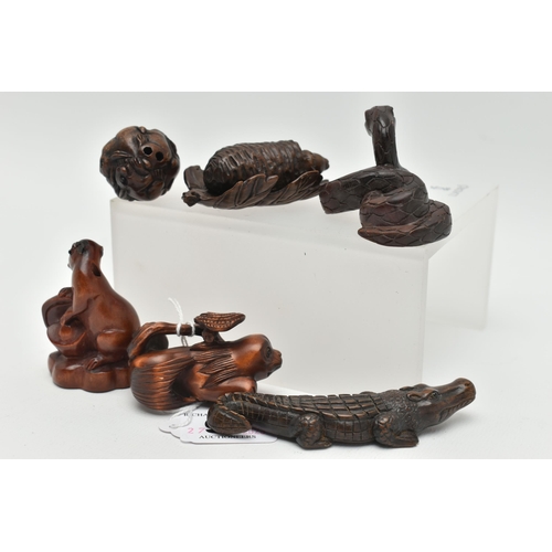 98 - FOUR 20TH CENTURY CARVED TREEN NETSUKE AND TWO OKIMONO, carved as a variety of animals / reptiles in... 