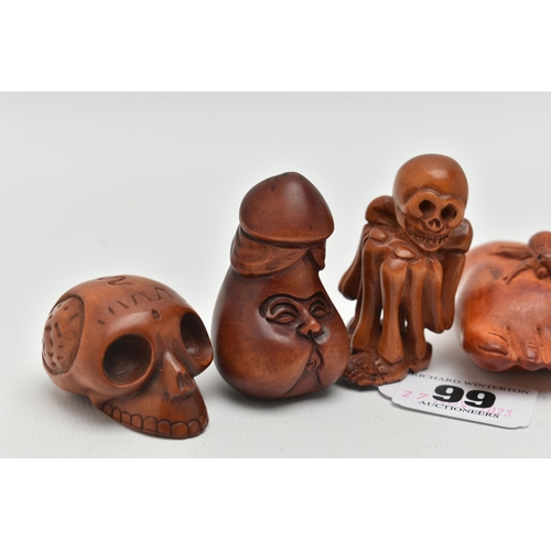 99 - FOUR 20TH CENTURY CARVED TREEN NETSUKE AND AN OKIMONO, carved as a human skeleton, human skulls and ... 