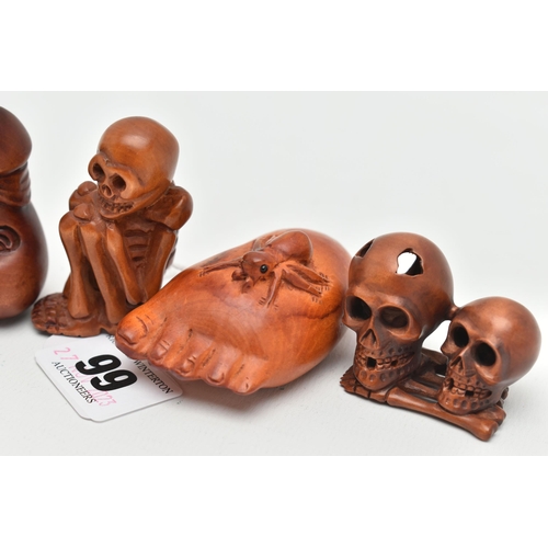 99 - FOUR 20TH CENTURY CARVED TREEN NETSUKE AND AN OKIMONO, carved as a human skeleton, human skulls and ... 