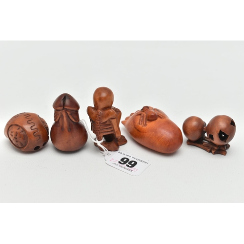 99 - FOUR 20TH CENTURY CARVED TREEN NETSUKE AND AN OKIMONO, carved as a human skeleton, human skulls and ... 