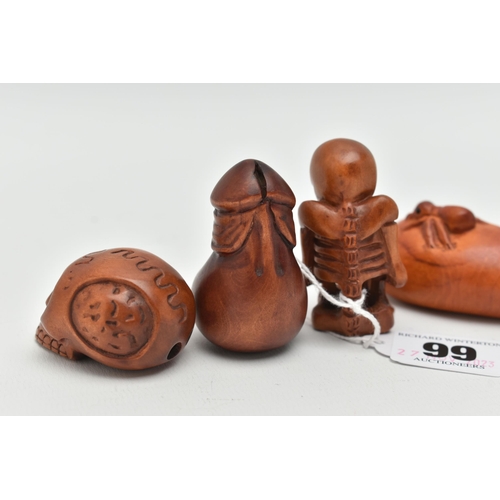 99 - FOUR 20TH CENTURY CARVED TREEN NETSUKE AND AN OKIMONO, carved as a human skeleton, human skulls and ... 