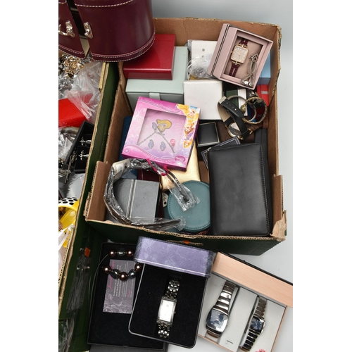 141 - A BOX OF ASSORTED COSTUME JEWELLERY AND ITEMS, to include various beaded necklaces, brooches, earrin... 