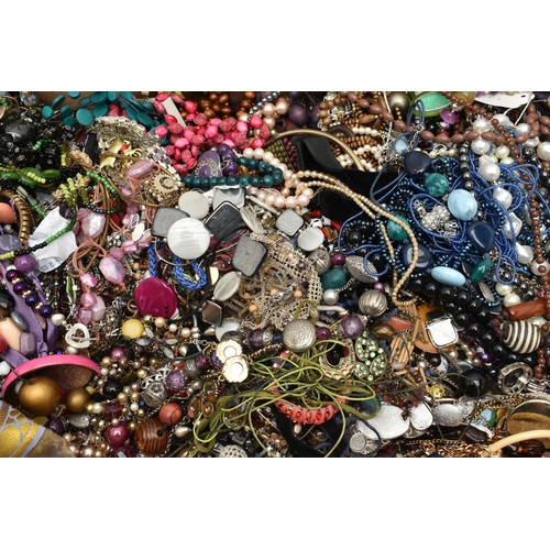 142 - A LARGE BOX OF ASSORTED COSTUME JEWELLERY, to include beaded necklaces, bracelets, bangles, a floral... 