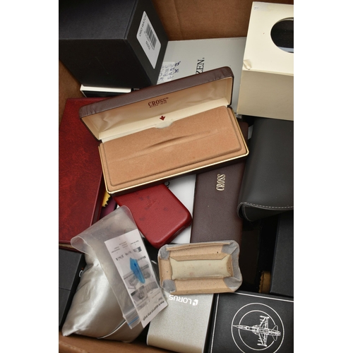 143 - A BOX OF EMPTY BOXES, to include watch boxes, names to include Slazenger, Seiko, Citizen, DKNY, Loru... 