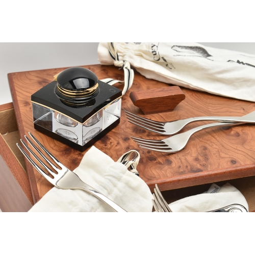 148 - A WALNUT DRAW AND CUTLERY WITH A 'MONTBLANC' INK WELL, draw together with six cutlery bags of Robert... 