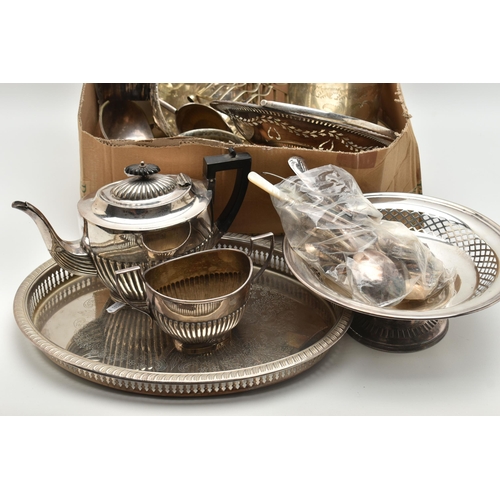 149 - A BOX OF ASSORTED SILVER PLATE, to include a three piece tea set, comprising of a teapot, sugar bowl... 