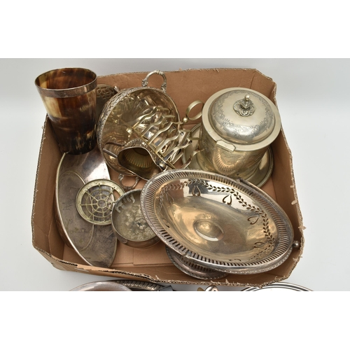 149 - A BOX OF ASSORTED SILVER PLATE, to include a three piece tea set, comprising of a teapot, sugar bowl... 