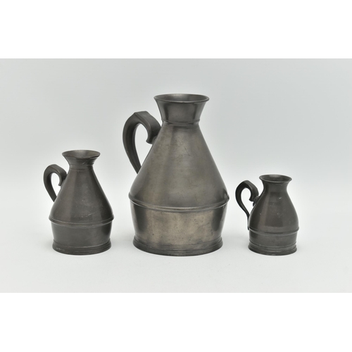 150 - A SET OF THREE PEWTER HAYSTACK MEASURES, largest measuring approximately 150mm height, smallest meas... 