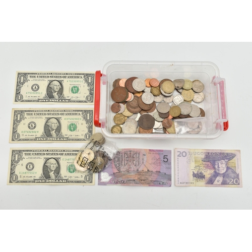 153 - A SMALL PLASTIC BOX OF MIXED COINS, to include 10x old round one pound coins, includes USA Dollar bi... 