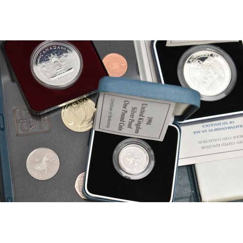 156 - A CARDBOARD CONTAINER OF BOXED MAINLY SILVER PROOF COINS, to include 15 Silver Proofs, 1992-93 Silve... 