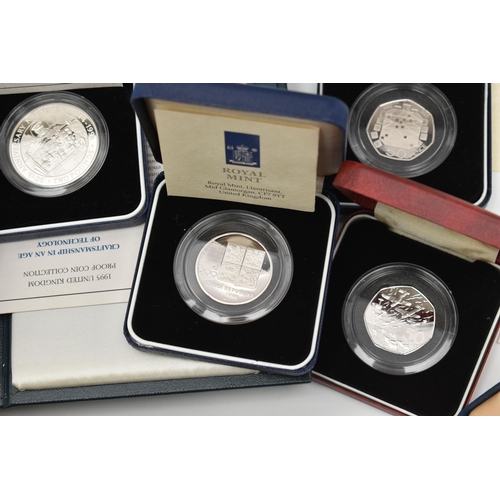 156 - A CARDBOARD CONTAINER OF BOXED MAINLY SILVER PROOF COINS, to include 15 Silver Proofs, 1992-93 Silve... 