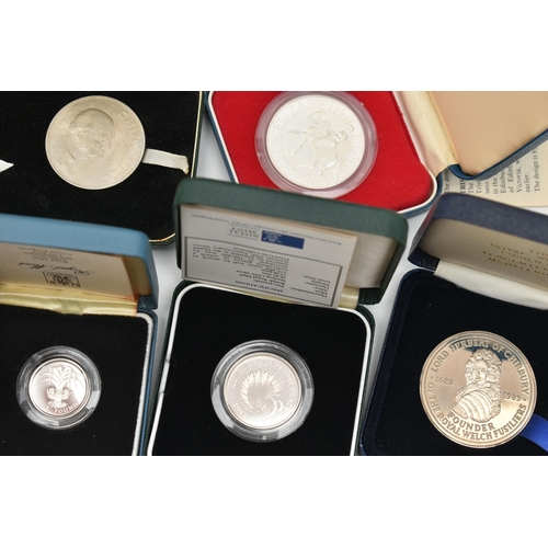 156 - A CARDBOARD CONTAINER OF BOXED MAINLY SILVER PROOF COINS, to include 15 Silver Proofs, 1992-93 Silve... 