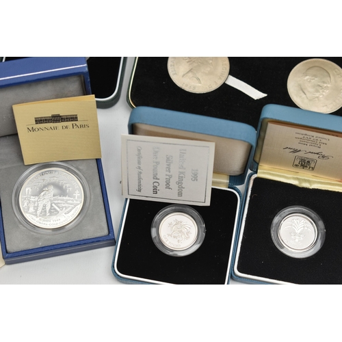 156 - A CARDBOARD CONTAINER OF BOXED MAINLY SILVER PROOF COINS, to include 15 Silver Proofs, 1992-93 Silve... 