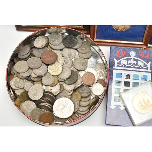 158 - A CARDBOARD BOX OF COINS AND COMMEMORATIVES, to include 3x Silver Proofs 1994 of Seychelles and Barb... 