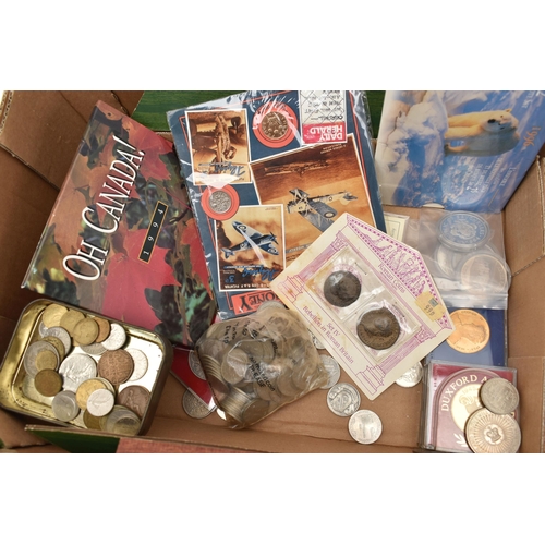 158 - A CARDBOARD BOX OF COINS AND COMMEMORATIVES, to include 3x Silver Proofs 1994 of Seychelles and Barb... 