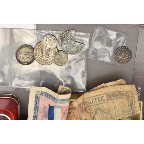 163 - A CARDBOARD TRAY AND TIN OF MIXED COINS AND BANKNOTES, to include a George III 1787 good grade Sixpe... 