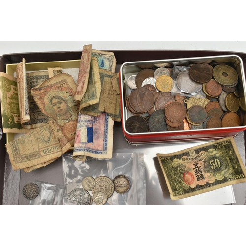 163 - A CARDBOARD TRAY AND TIN OF MIXED COINS AND BANKNOTES, to include a George III 1787 good grade Sixpe... 